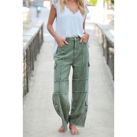 POL Denim - POL Faded Olive High Waist Straight Wide Leg Cargo Jeans